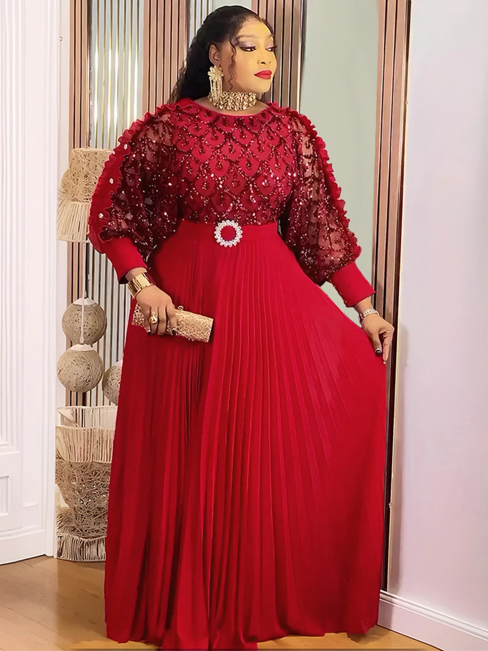 Wedding Party Prom Dress Dubai African Women Luxury Sequin Pleated Long Dress Ankara Dashiki Turkey Clothes Formal Occasion Gown