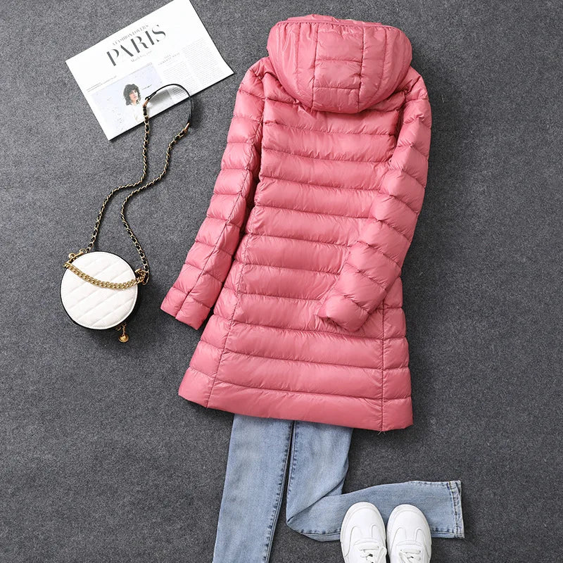 Women's X-long Office Lady Hat Detachable Puffer Jackets 2025 New Arrival Autumn Winter White Duck Down Warm Coat