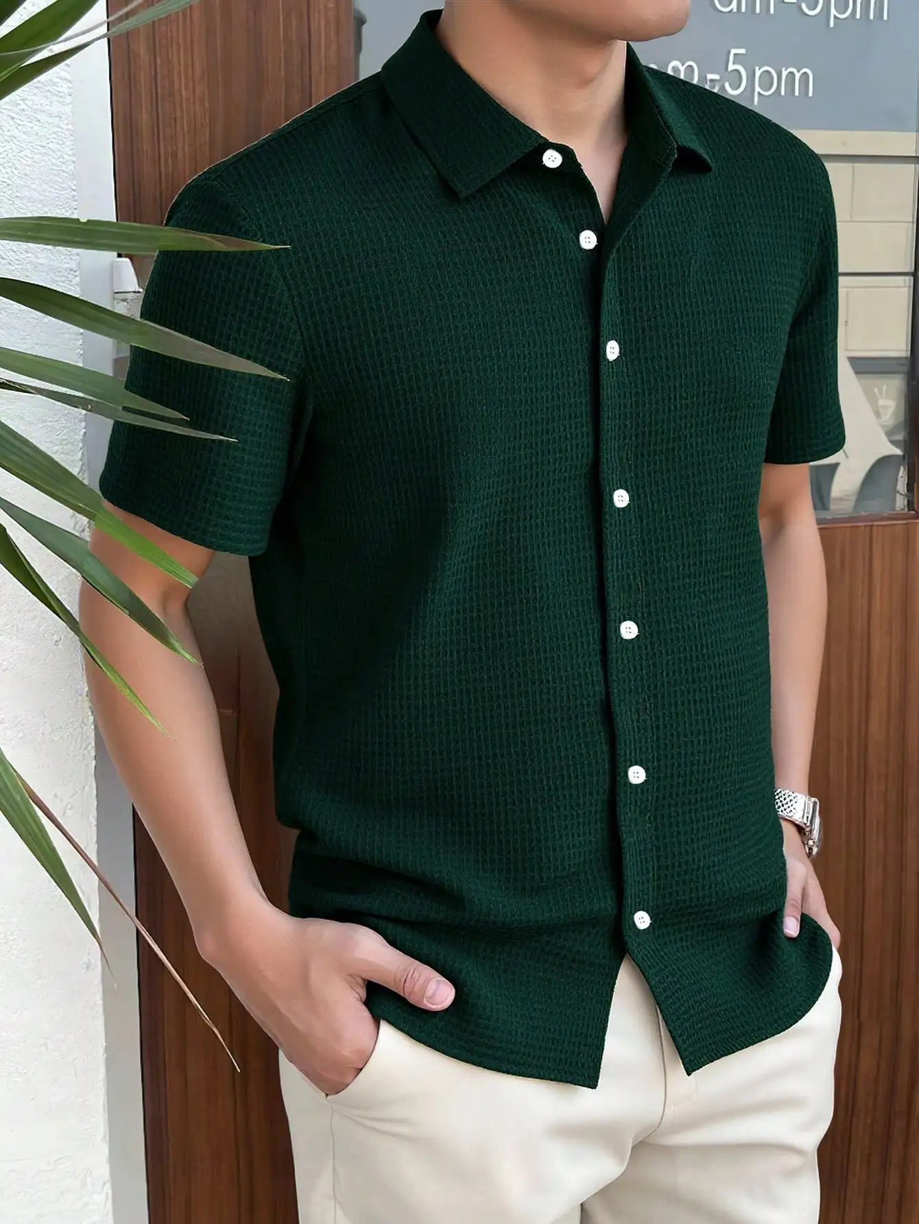 Men's Dark Green Waffle Knit Short Sleeve Button-Down Shirt Casual Spring Summer