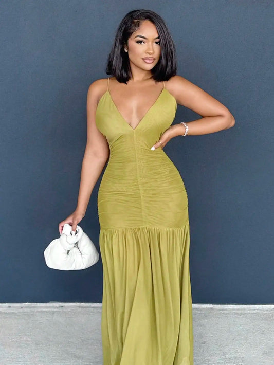Ruched Front Deep V Neck Floor Length Maxi Dress For Vacation Wedding Guest