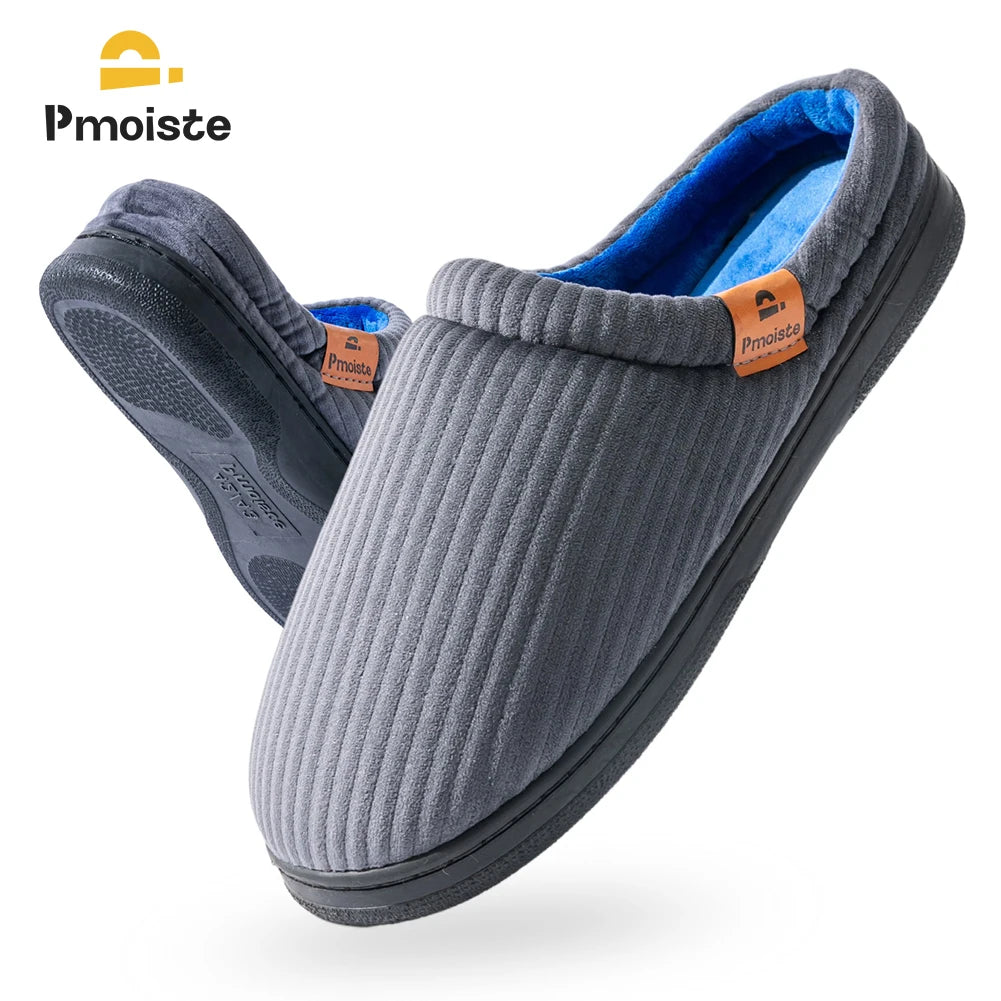 Pmoiste Stripe Corduroy House Slippers Men Warm Soft TPR Cushion Memory Foam Home Shoes Non-slip Winter Indoor High-quality