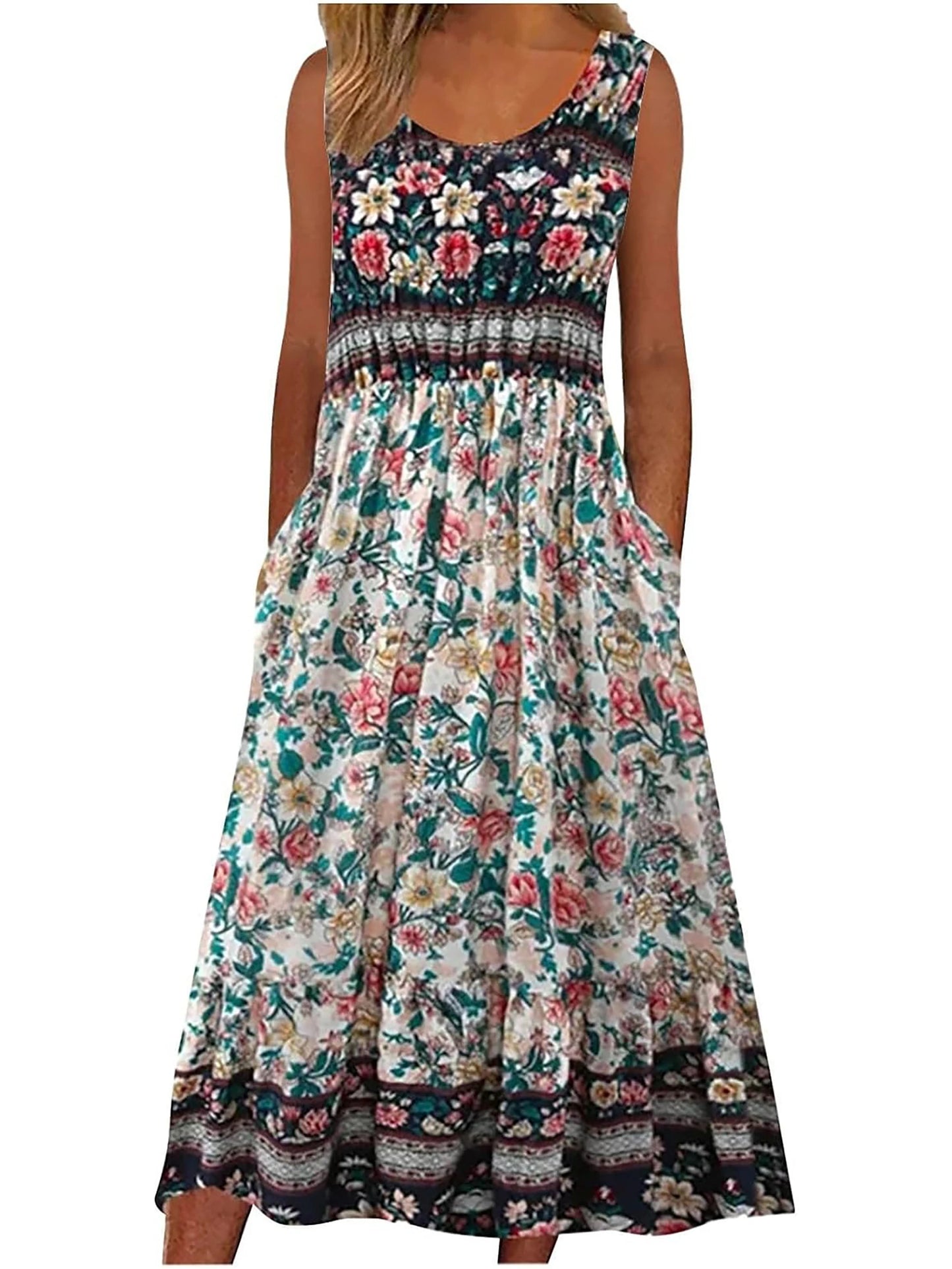 2025 summer new! Women's sleeveless Bohemian floral casual beach MIDI sundress with pockets flowing and loose