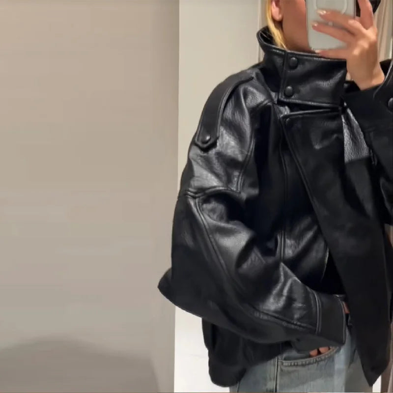 Stylish Pu Leather Jacket Stand-collar Loose Long Sleeved Coat Cool Casual Chic Versatile Outerwear New Autumn Women Streetwear