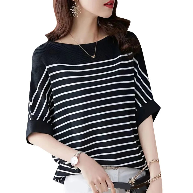 ZANZEA Elegant Striped Patchwork Blouse Women Half Sleeve Office Wear 2024 Summer T-shirt Fashion Loose Casual O-neck Tunic Tops