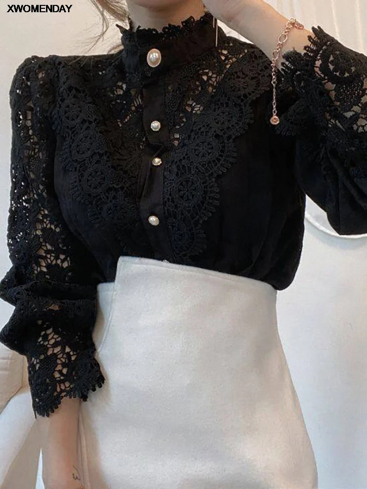 Women Chiffon Button Turtleneck Shirt Chic Elegant Floral Lace Fluffy Long Sleeve Top Fashion Hollow Oversize White Blouse 2025