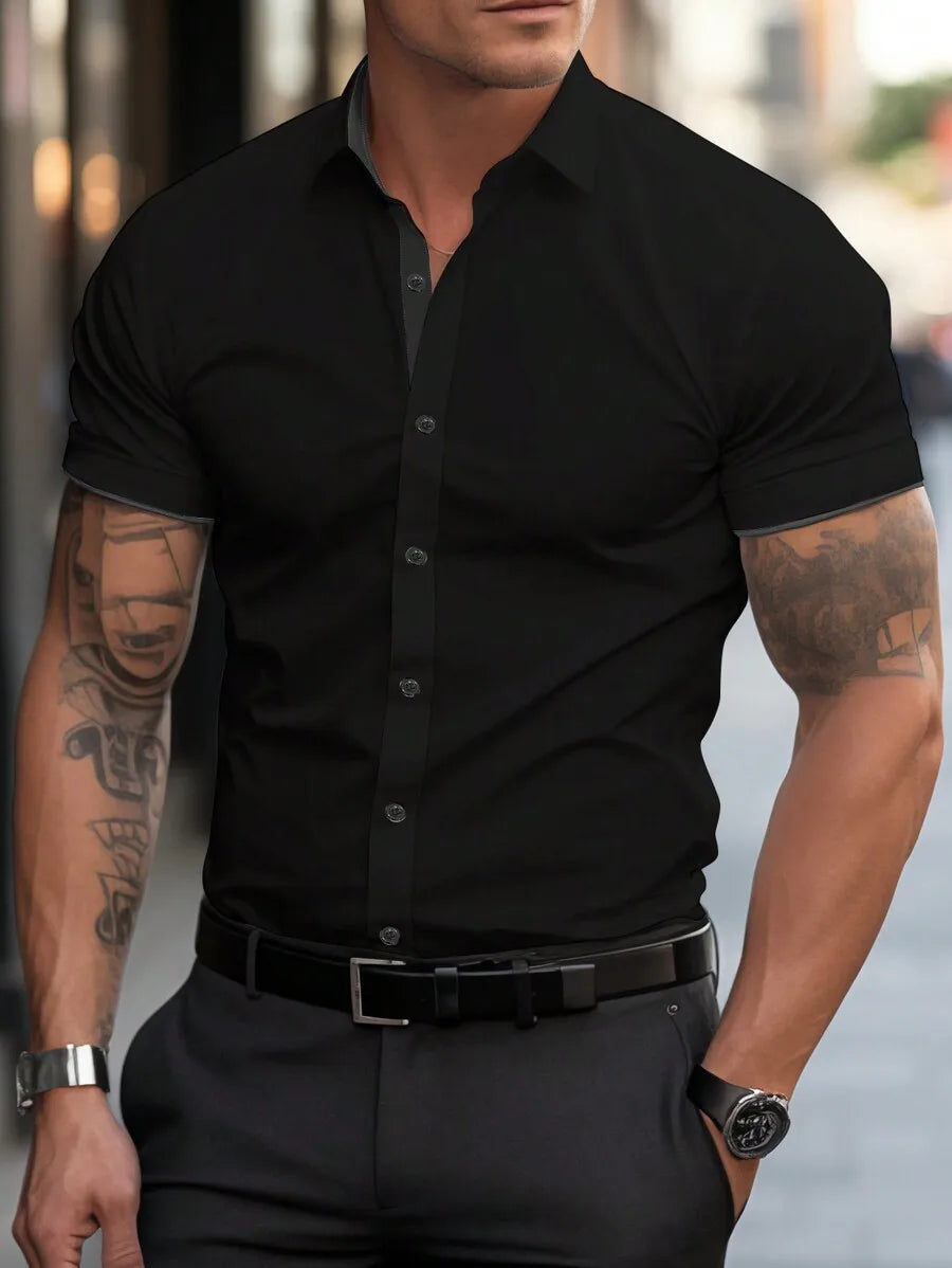 Men's White Short Sleeve Casual Shirt with Black Trim Collar and Cuffs