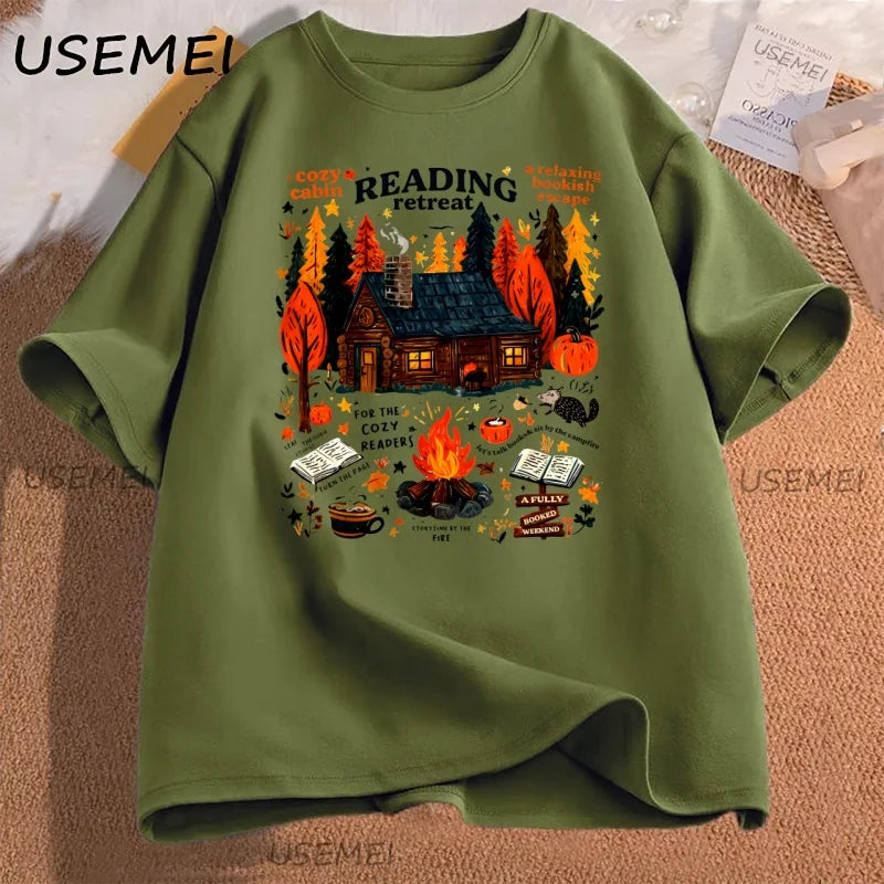 Cozy Cabin Reading Retreat T-shirt Fall Bookish Tshirt Autumn Cozy Readers Pumpkin Spice Book T Shirt Caual Cotton Short Sleeve
