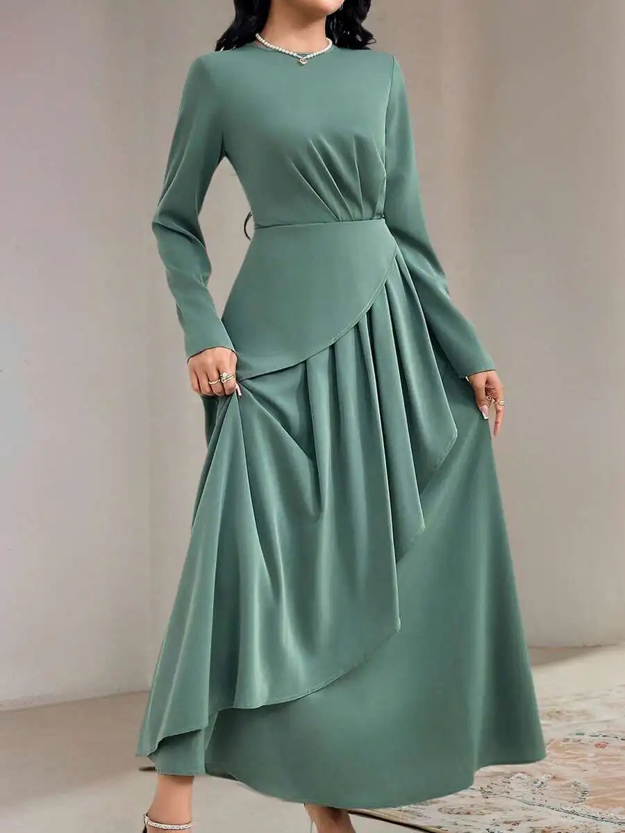 Women's Sage Green Round Neck Long Sleeve Asymmetrical Pleated Maxi Dress