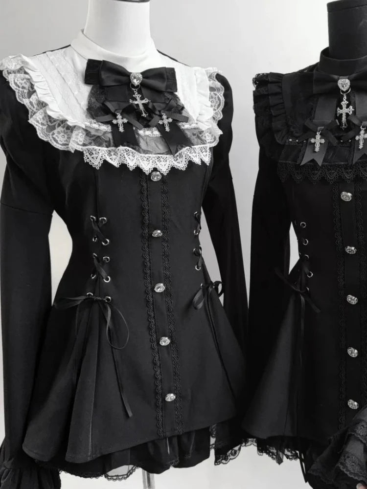 2025 Japanese Sweet Lolita Kawaii Dress Women Spring Printed Bow Fake Two Piece Dress Female Korea Style Design Party Clothing