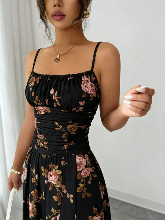 Floral Print Backless Ruffle High Slit Maxi Dress Bohemian Elegant Summer