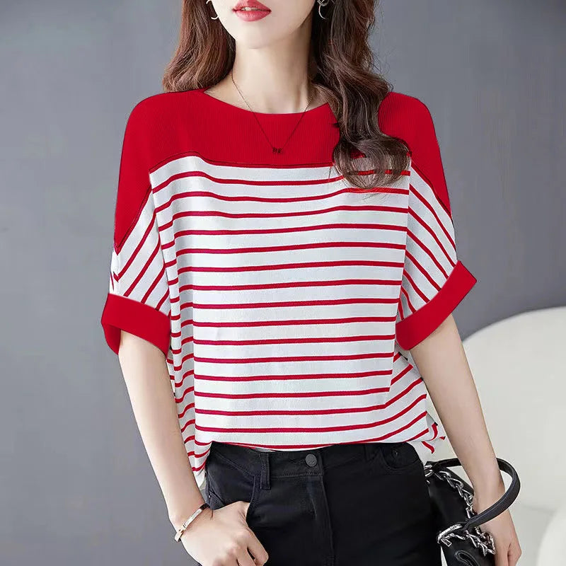 ZANZEA Elegant Striped Patchwork Blouse Women Half Sleeve Office Wear 2024 Summer T-shirt Fashion Loose Casual O-neck Tunic Tops