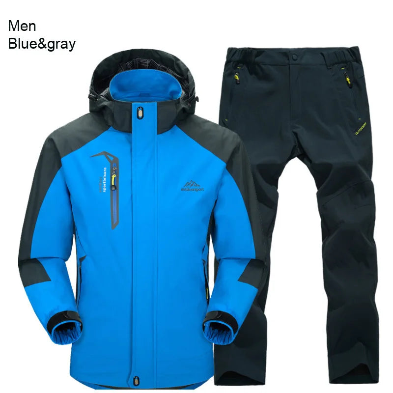Outdoor Hiking Jacket and Pants Sets Men Autumn Thermal Waterproof Windproof Hooded Jackets Trip Mountain Camping Clothes