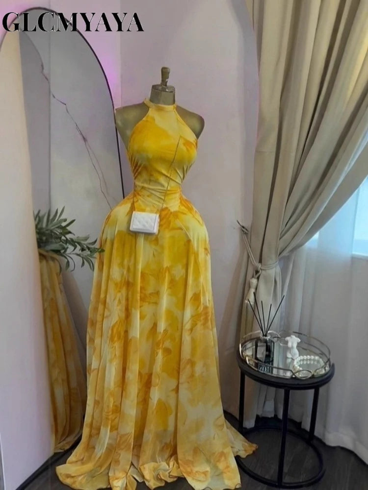 GLCMYAYA Women Printed Sleeveless with Sashes Fit and Flare A-line Maxi Dress 2026 Streetwear Beach Holiday Long Dresses Vestido