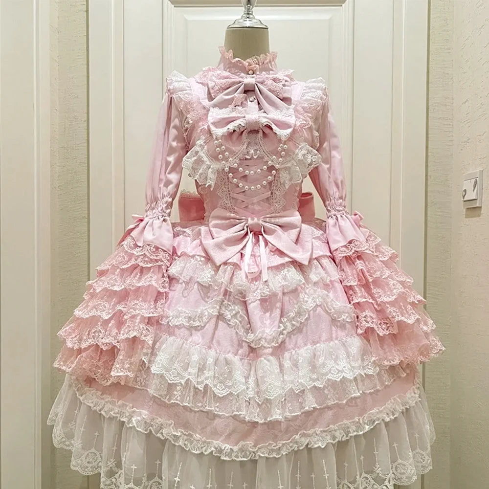 Summer Japanese Style Kawaii Lolita Dress Women Party Vintage Sweet Lace Bow Birthdays Cake Dresses Harajuku Y2k Bandage Dress