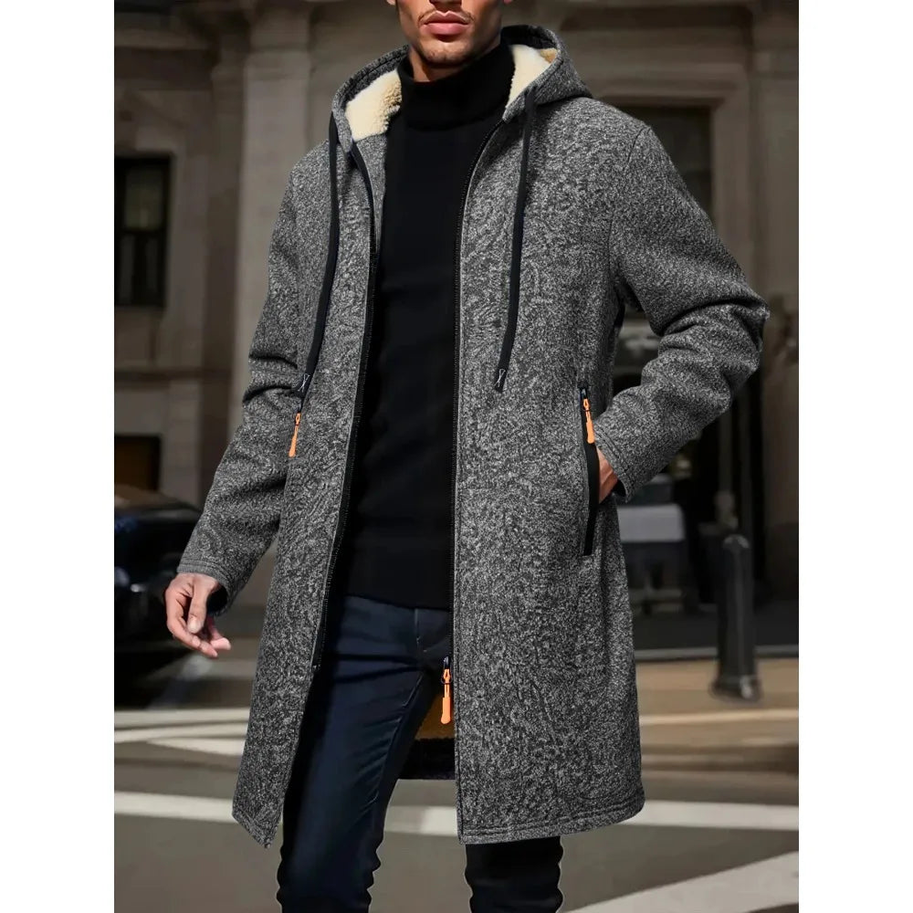 Men's Winter Warm Long Coat Zipper Jacket Zip Windbreaker Thick Fleece Windproof Overcoat Casual Contrast Color Hooded Jacket