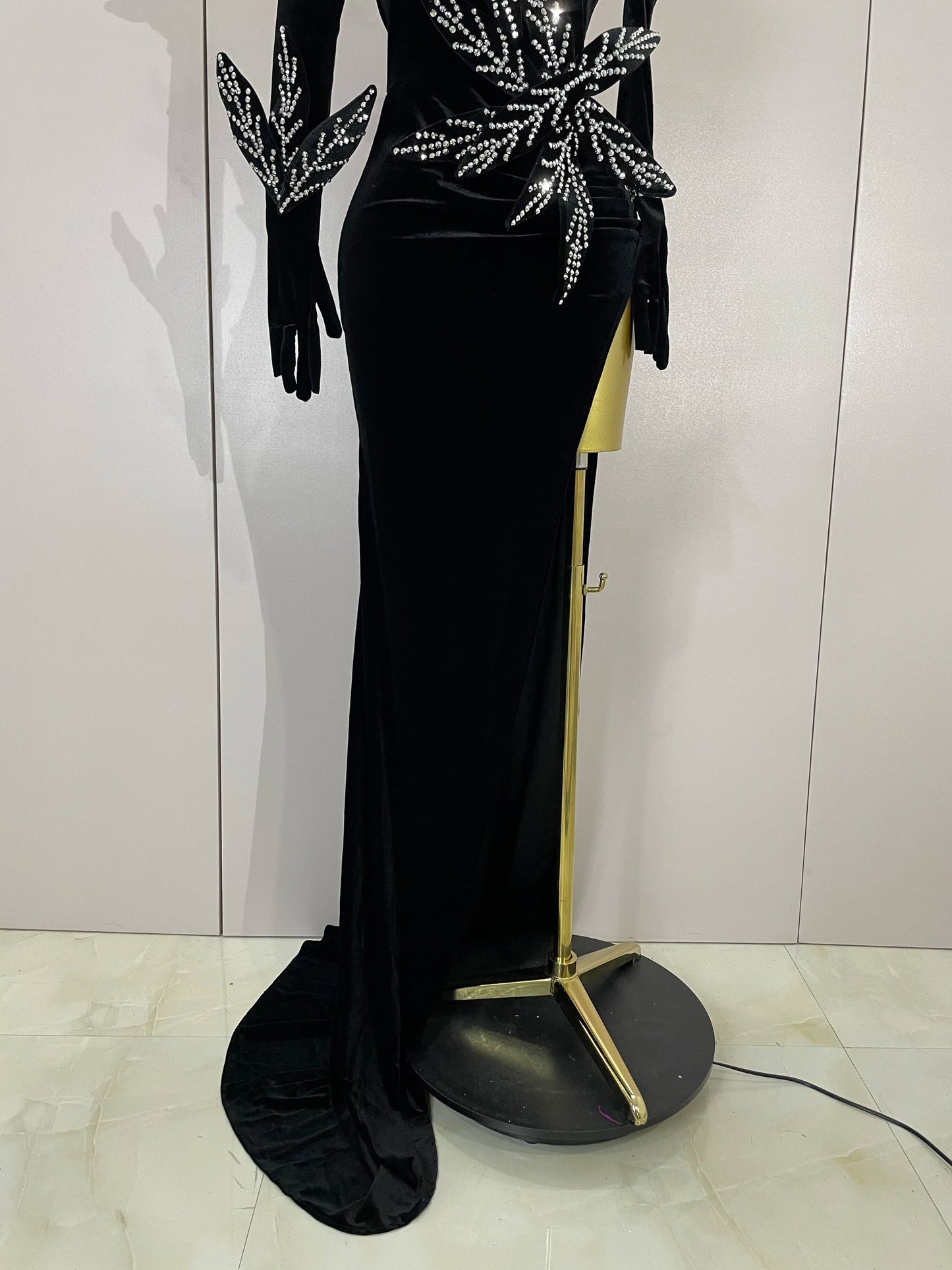 Shiny Diamond Velvet Sexy Side Slit Floor Length Dress With Gloves Women Chic Birthday Banquet Show Host Nightclub Stage Wear