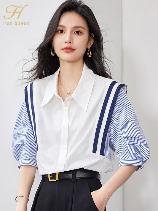 Summer Korean Women Colorblocking Stripes Vintage Tops Chiffon Short Sleeve Casual Office Shirts Elegant Blouse