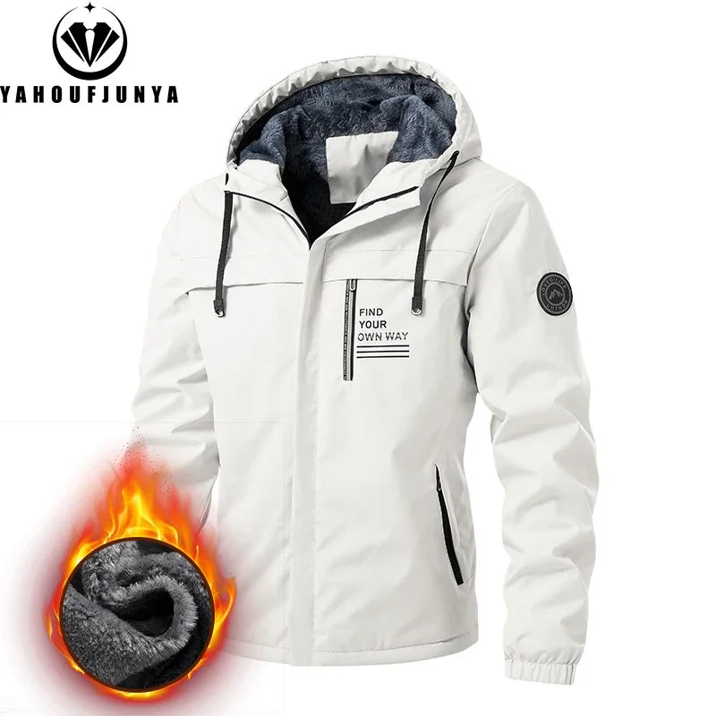 2025 New Spring Men Outdoor Hooded Windbreak Fleece Jacket Coats Men Autumn Warm Outwear Casual Fashion Solid Jacket Male Tops