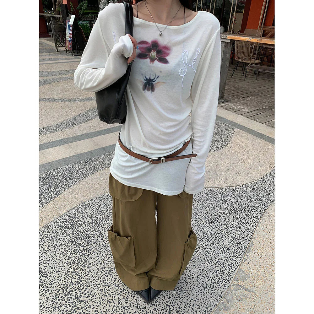 Onalippa Fashion Printed Lazy Style Off Shoulder T-shirt Slightly Transparent Round Neck Design Long Sleeved Base Top 2025 New