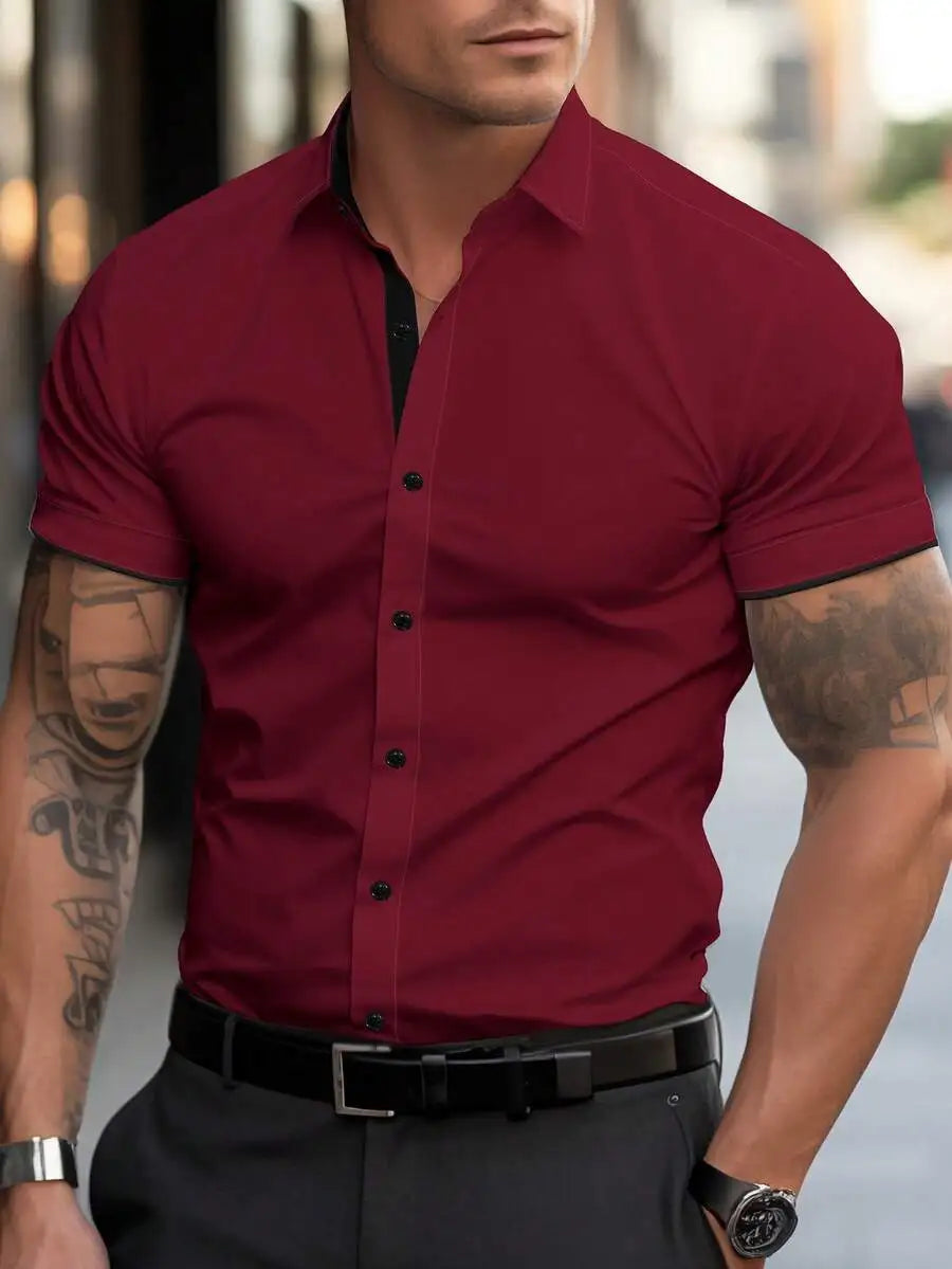 Men's White Short Sleeve Casual Shirt with Black Trim Collar and Cuffs