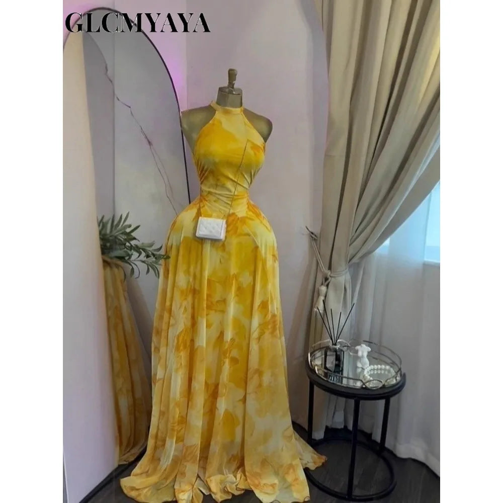 GLCMYAYA Women Printed Sleeveless with Sashes Fit and Flare A-line Maxi Dress 2026 Streetwear Beach Holiday Long Dresses Vestido
