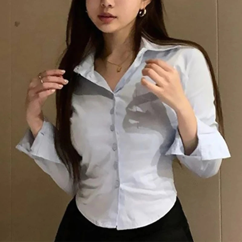 2025 Spring Commuter Long Sleeve New Female Crop Tops Korean White Office Women Chiffon Shirt Pocket Button Lapel Ladies Blouse
