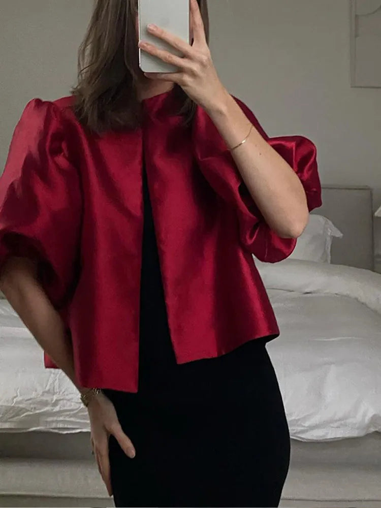 Spring Summer New Women's Fashion Casual Shirt Satin Bubble Sleeves Round Neck Loose Short Top Female Elegant Solid Blouses