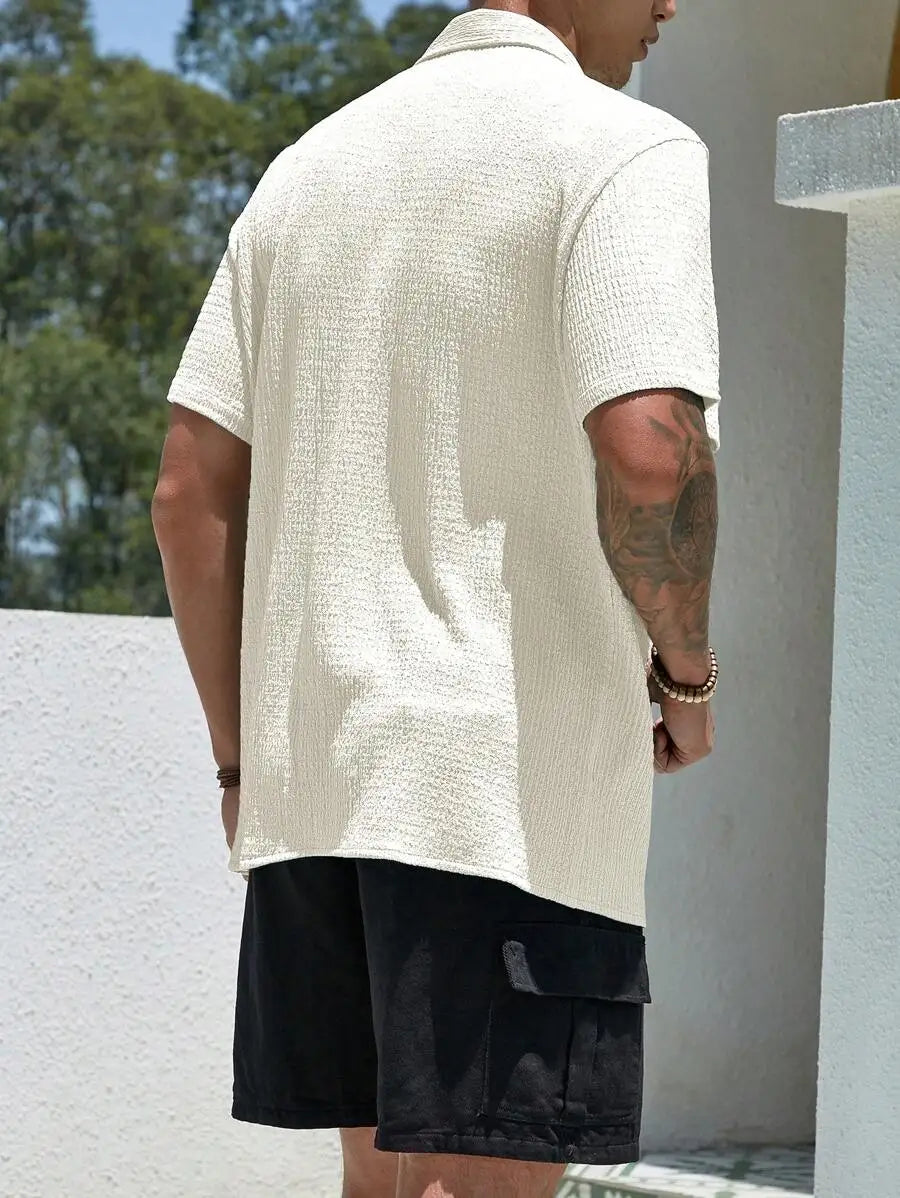 Men's Textured Knit Short Sleeve Button-Front Shirt, Loose Fit, Resort Casual Style