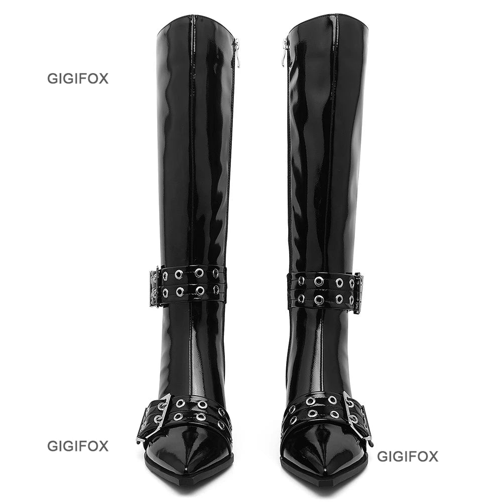GIGIFOX Pointed Toe Women Zipper Knee-high Boots Chunky High Heel Patent Leather Metal Buckle Shoes Punk Fashion Boots For Woman