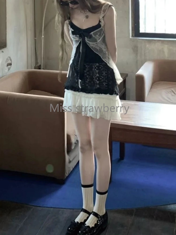 Aesthetic Vintage Lace Slim Dress Women Gothic Sexy Y2k Lace Up Cardigan Women High Street Hot Girl Off Shoulder Sling Dresses