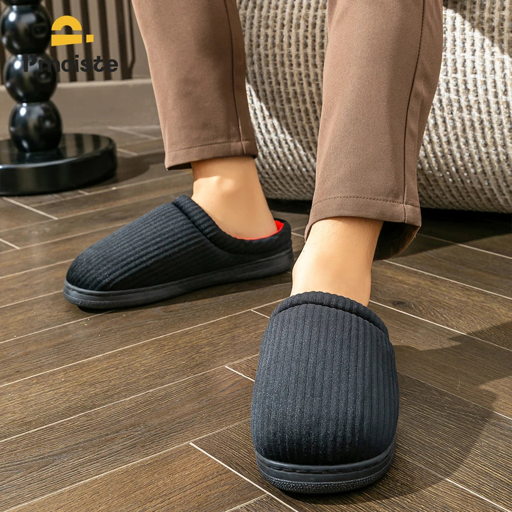 Pmoiste Stripe Corduroy House Slippers Men Warm Soft TPR Cushion Memory Foam Home Shoes Non-slip Winter Indoor High-quality