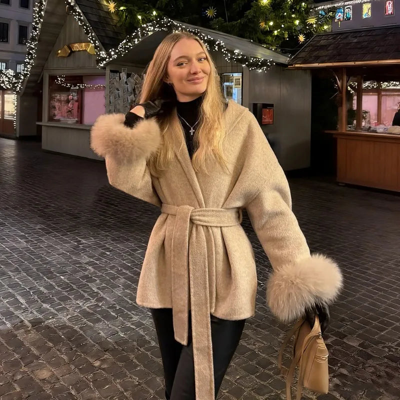 TARUXY Fox Fur Woolen Coats Women's Short Coat Office Lady Removable Elegant Double-sided Wool Overcoat 2025 New Cardigan Jacket