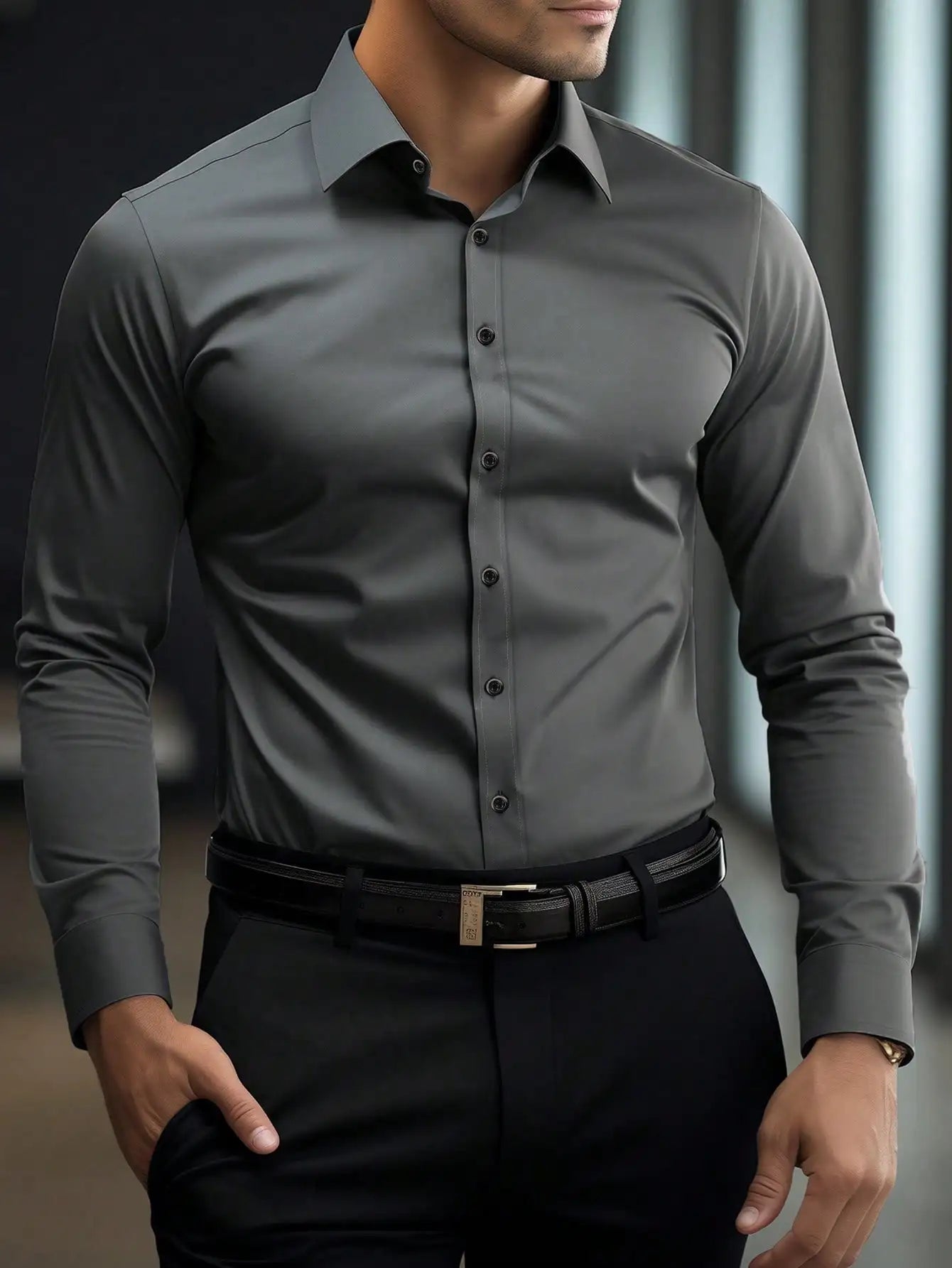 Men's Slim Fit Solid White Long Sleeve Button-Up Shirt for Business Casual Wear