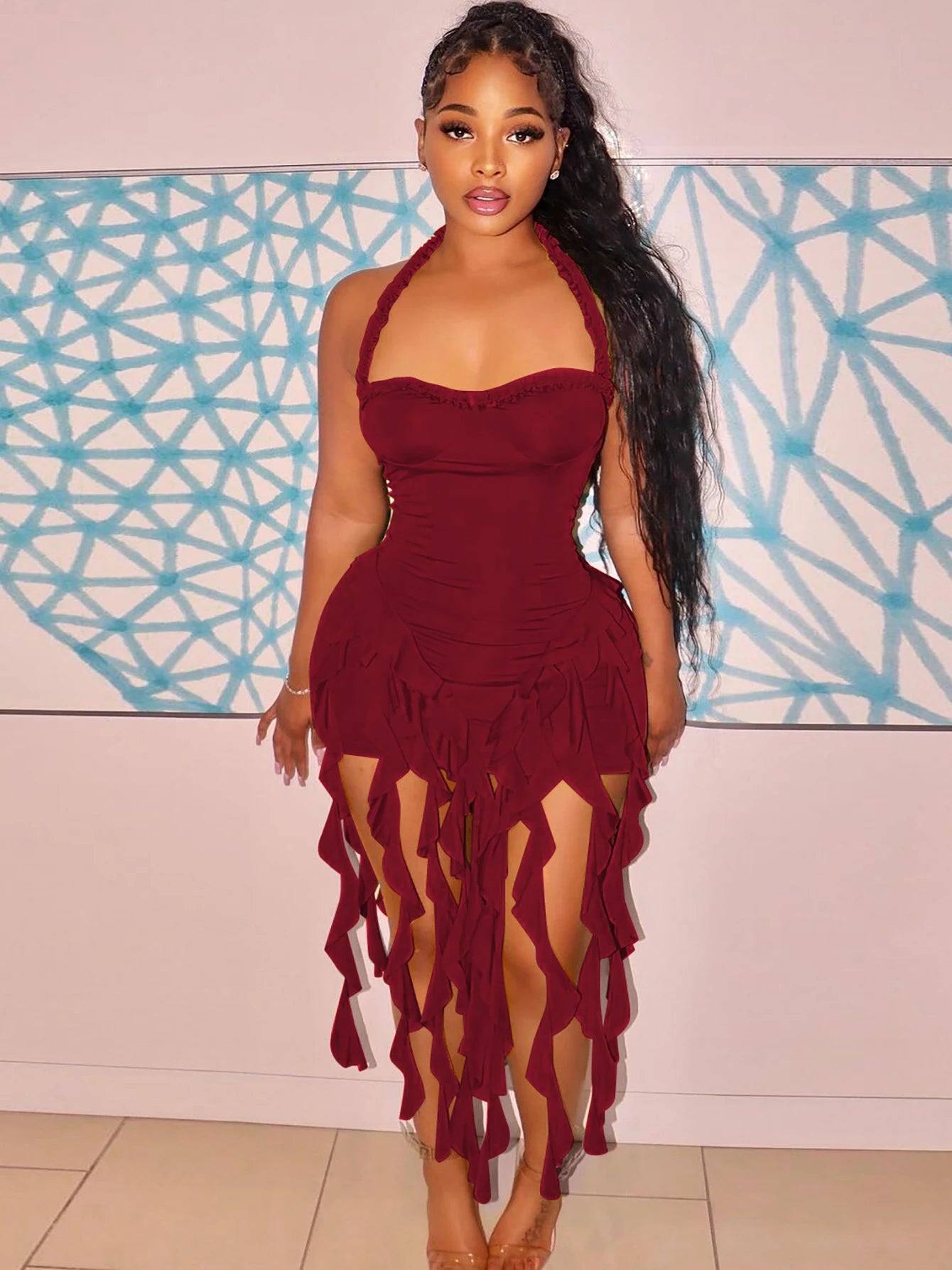 Hugcitar Elegant Halter Solid Ruffles Backless Taseel Sexy Slim Mini Dress Spring Women Cute Outfits Birthday Party Vacation