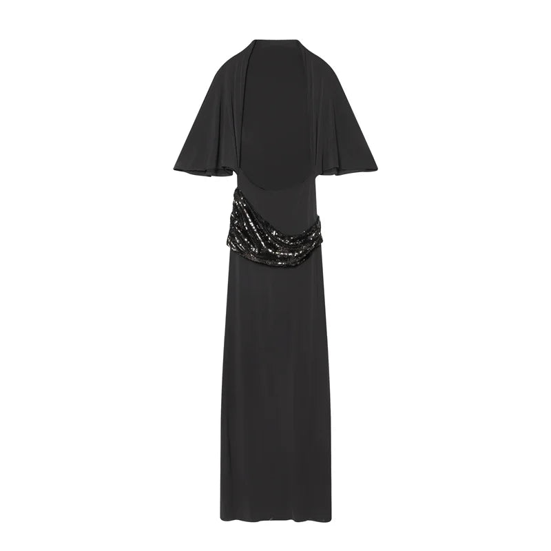 Women Backless Sequin Patchwork Maxi Dress Elegant Wide Sleeve Long Gowns Feminine New Fashion Evening Party Daily Robes