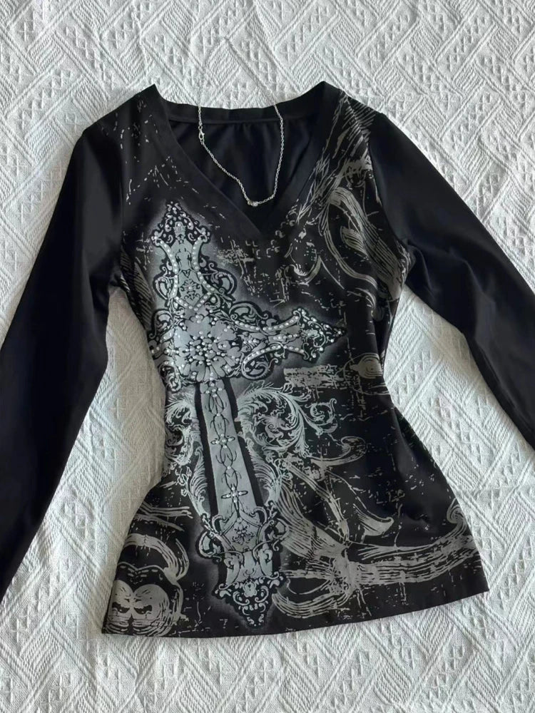 2000s American Vintage Gothic Black Women T-shirts Punk Style Graphic Grunge Tshirts Harajuku Y2k Long Sleeve Tops Streetwear