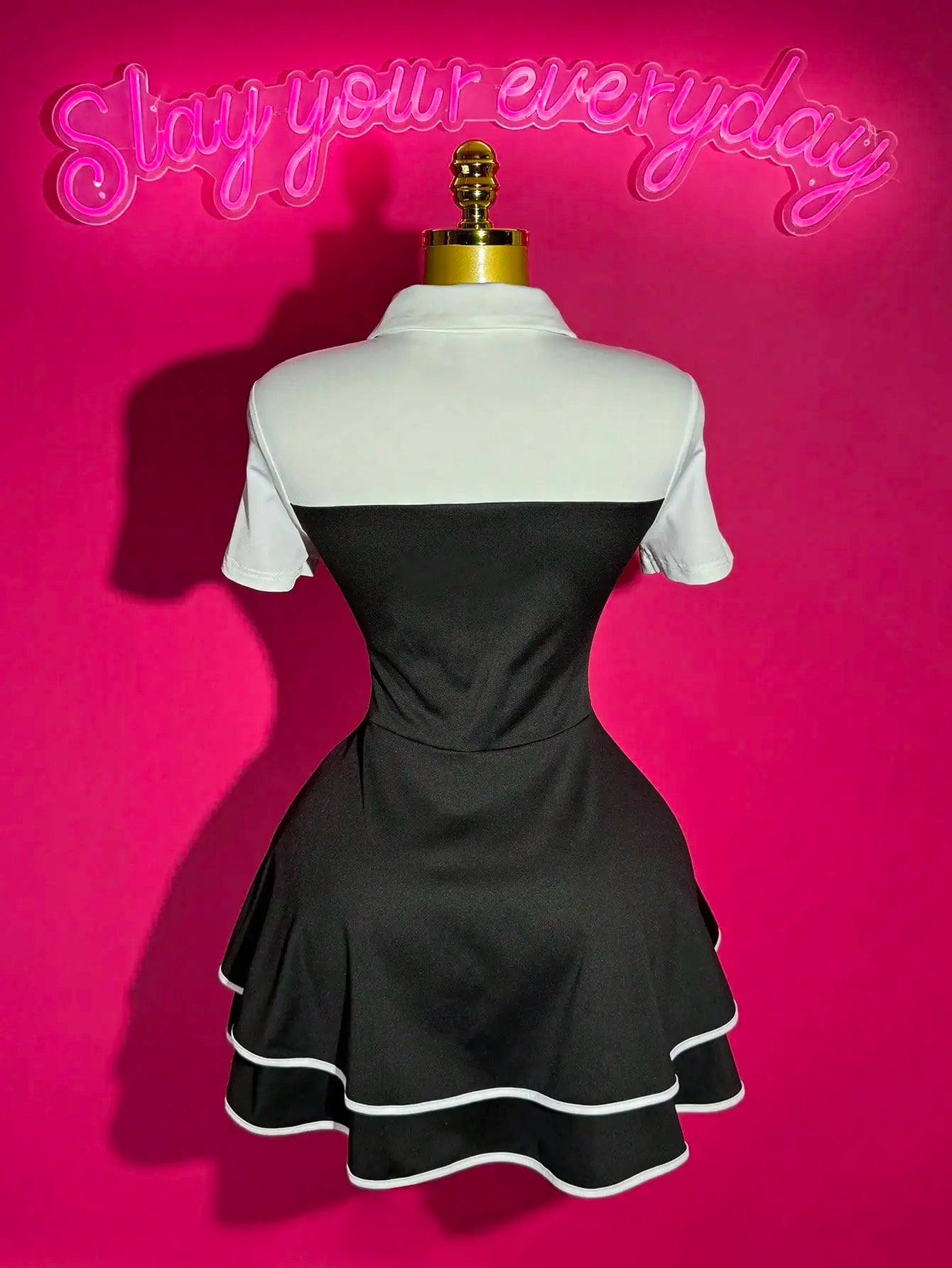Polo Collar Bowknot Color Block Mini Dress with Ruffle Hem, A-Line Fit for Casual Date Party