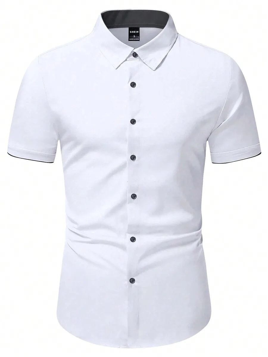 Men's White Short Sleeve Casual Shirt with Black Trim Collar and Cuffs