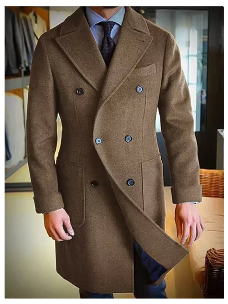 Luxury Men's Winter Long Blazer Double Breasted Business Jacket Elegant High Quality Male Elegant Man Long Coat England Style