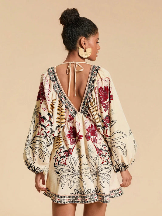 Bohemian Floral Print V-Neck Loose Mini Dress With Tie Back