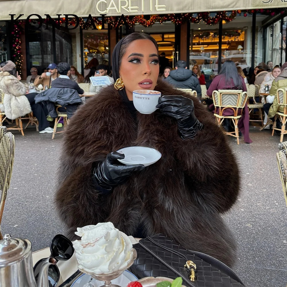 KONDALA 2026 Spring Summer Casual Faux Fur Brown Women Warm Jackets Valentine‘s Day Turn Down Collar Oversized Elegant Coats