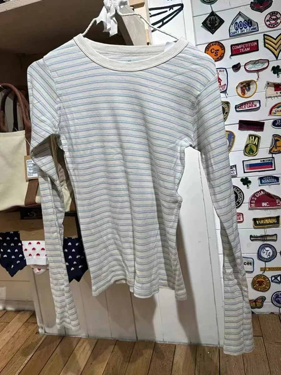 Pink Striped Slim Long Sleeve Tees Women Spring Casual Cotton O-neck Tshirt New Tops Clothes Sweet Cute  Vintage T-shirts Y2K