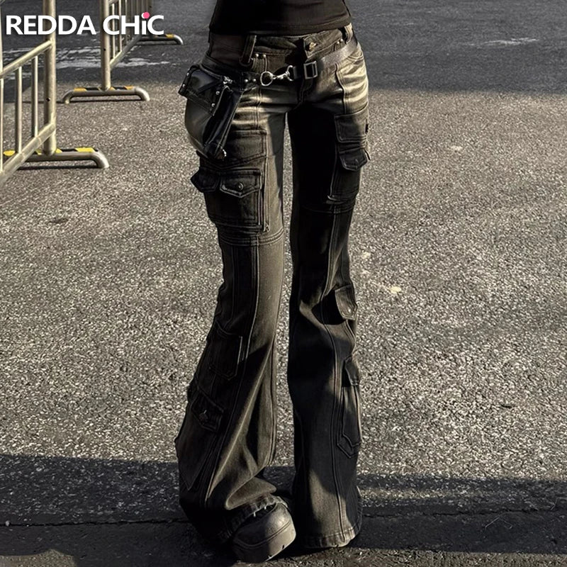 REDDACHiC Black Low Waist Cargo Jeans 2000s Distressed Whiskers Multi-pocket Stretch Bootcut Pants Women Retro Grunge Streetwear