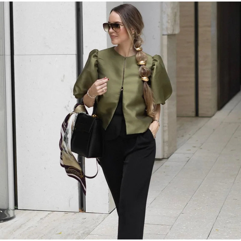 Spring Summer New Women's Fashion Casual Shirt Satin Bubble Sleeves Round Neck Loose Short Top Female Elegant Solid Blouses