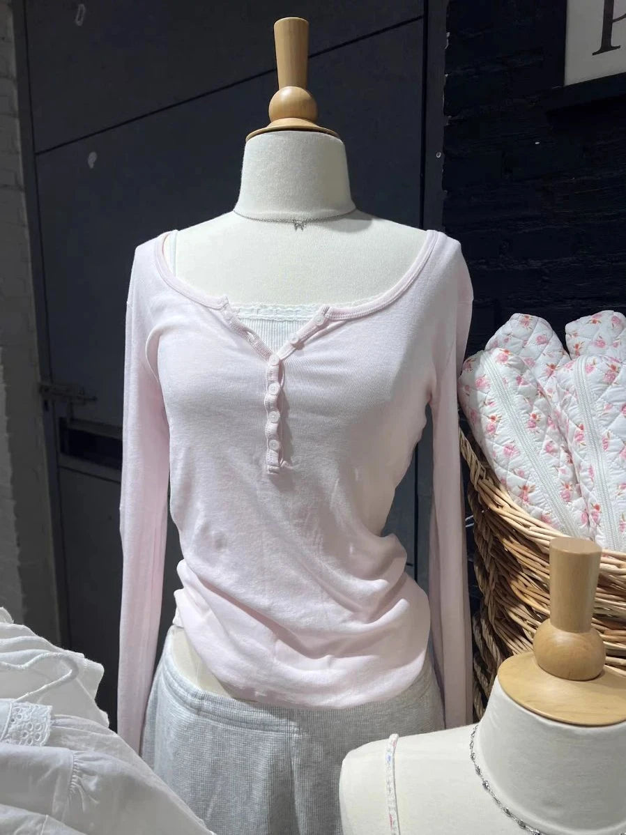 Pink Striped Slim Long Sleeve Tees Women Spring Casual Cotton O-neck Tshirt New Tops Clothes Sweet Cute  Vintage T-shirts Y2K