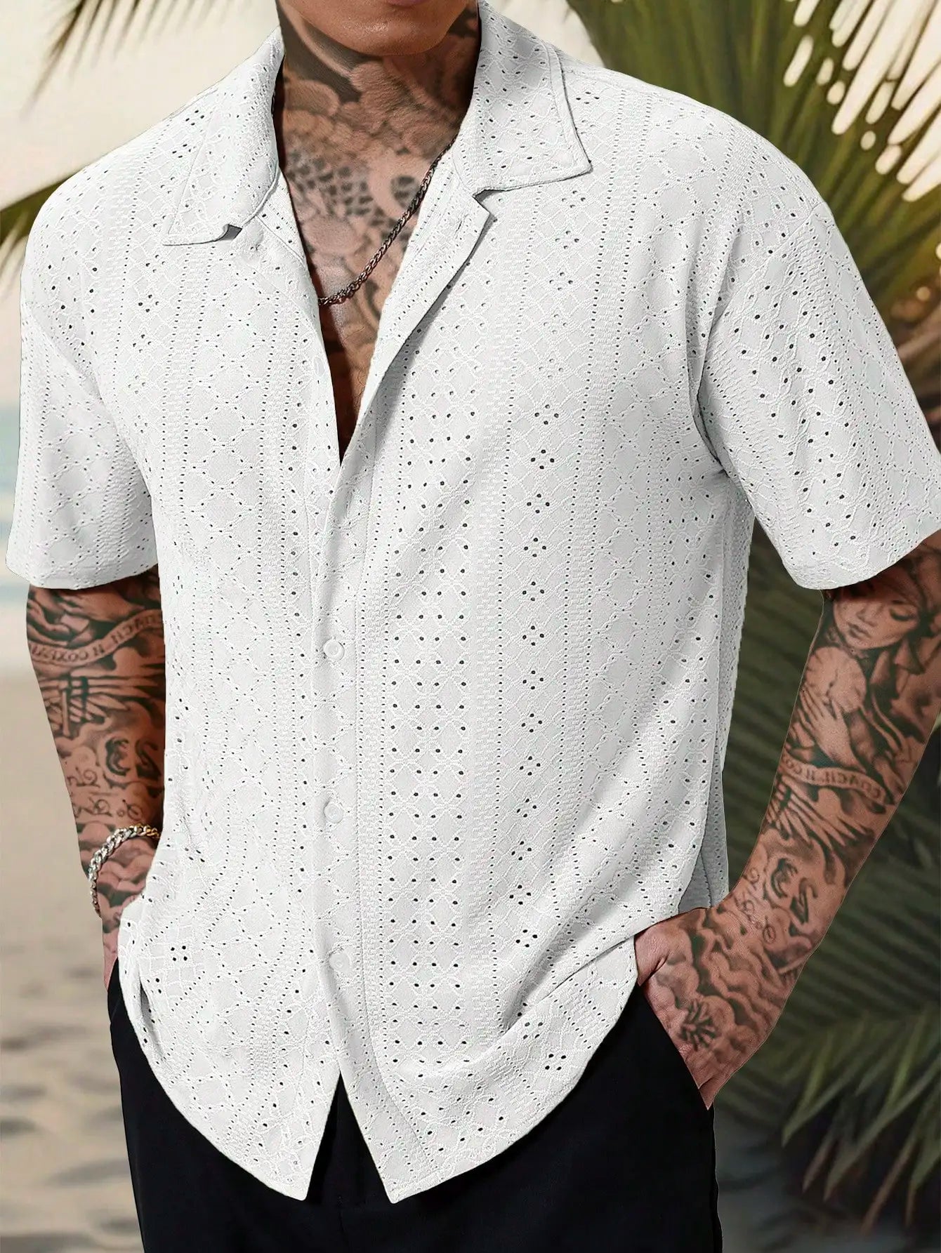 Men's Mustard Yellow Eyelet Lace Short Sleeve Casual Shirt, Loose Fit Button-Down for Beach & Festival