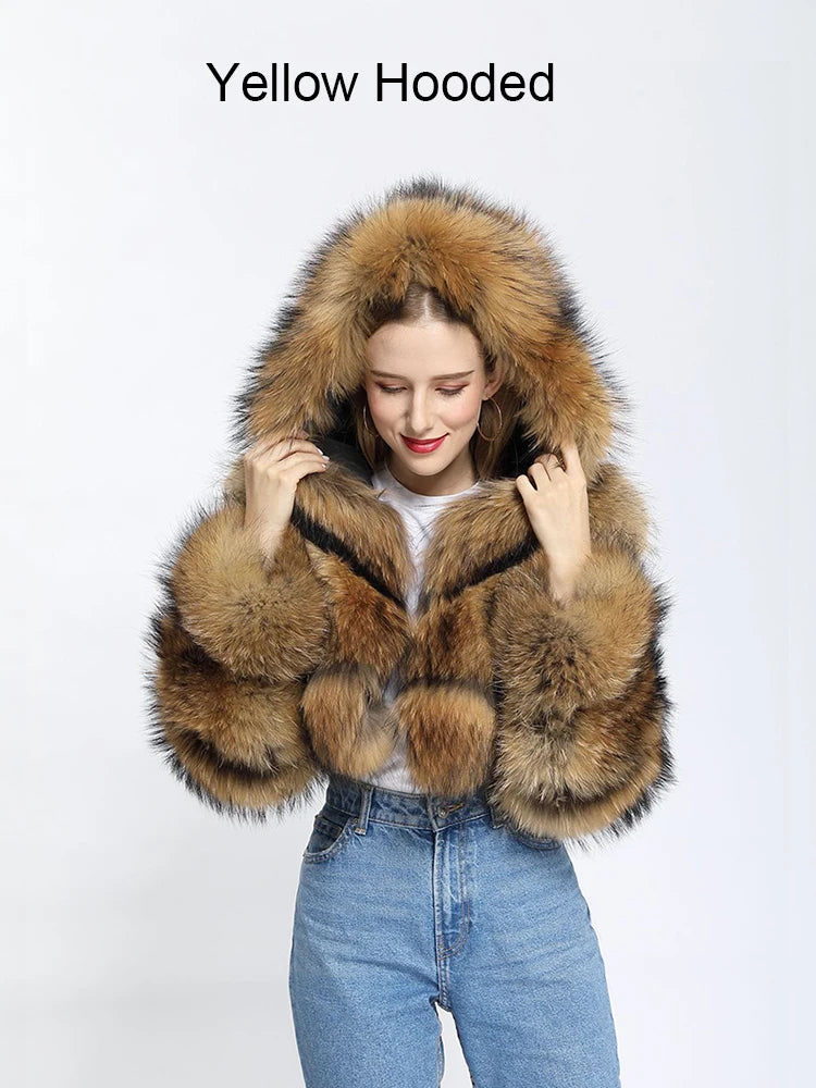 ZADORIN High Quality Cropped Faux Raccoon Fur Coat Women Winter Fashion O Neck Long Sleeve Fluffy Short Faux Fur Jacket Crop Top