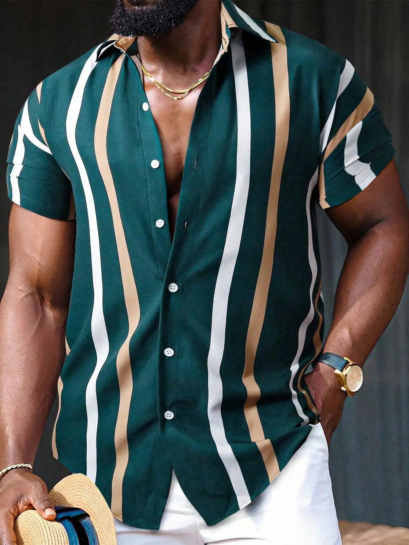 Men's Short Sleeve Vertical Striped Button-Up Shirt, Casual Summer Wear