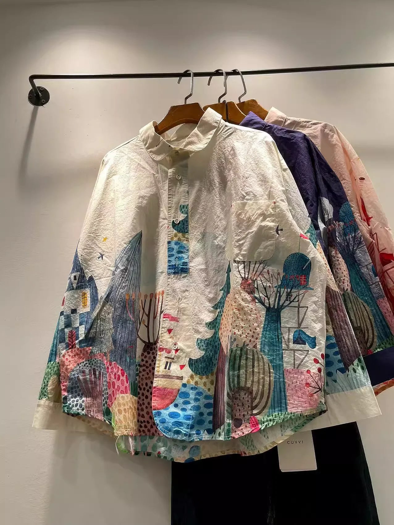 Bust 118cm original design pure cotton oversized shirts for women autumnJapan fashion cartoon print shirts long sleeve blouses