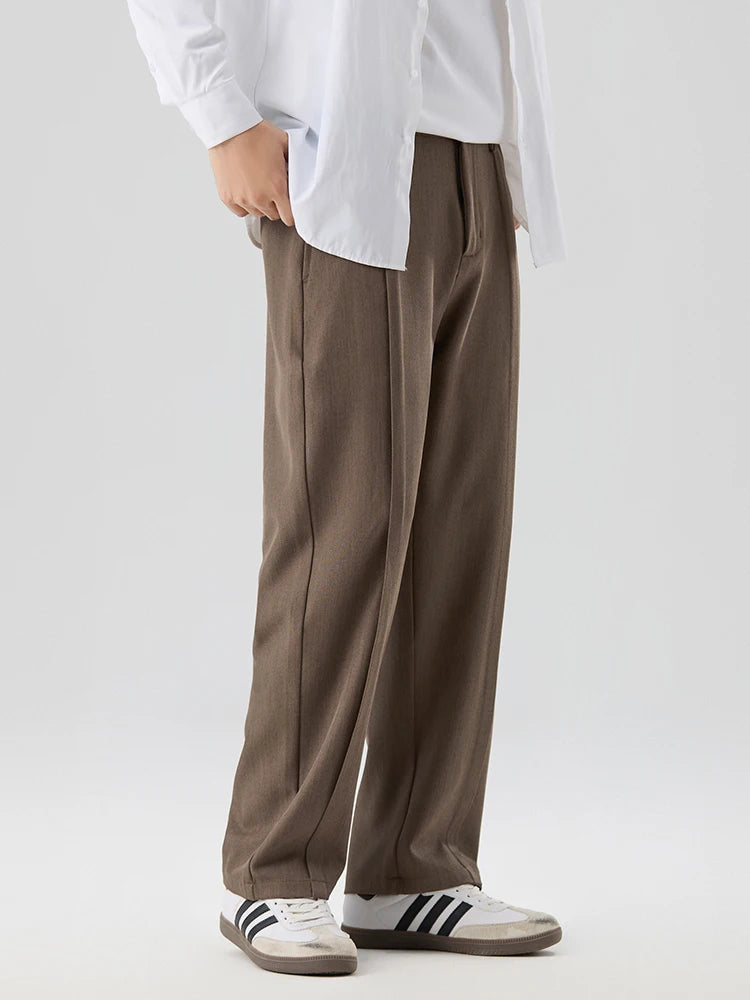 2026 New Korean Men's Casual Pants Banded Waist Stretch Semi-Wide Pleated Suit Slacks Straight Loose Draped Trousers